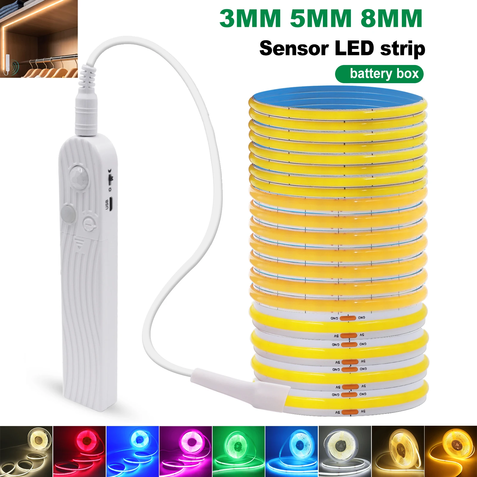 Motion Sensor COB Led Light Strip Battery 3mm 5mm 8mm PCB Width Under Bed Lamp For Cabinet Wardrobe Kitchen Stairs 1M 2M 4M 5M