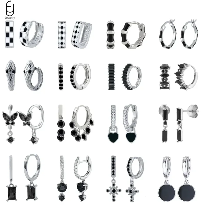 925 Sterling Silver Ear Buckles Fashion Hoop Earrings Black Crystal Pendant Silver Earrings High Quality Women's Jewelry Gifts