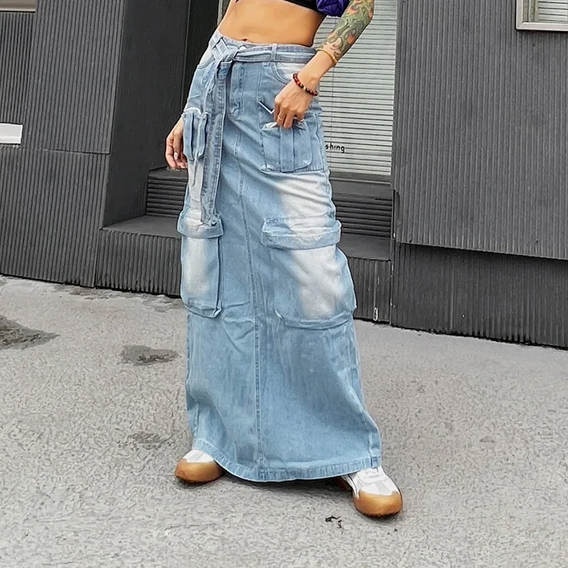 

High Waist Tied Denim Casual Skirts For Women Fashion Patchwork Pocket Female Clothing Slimming Skirt