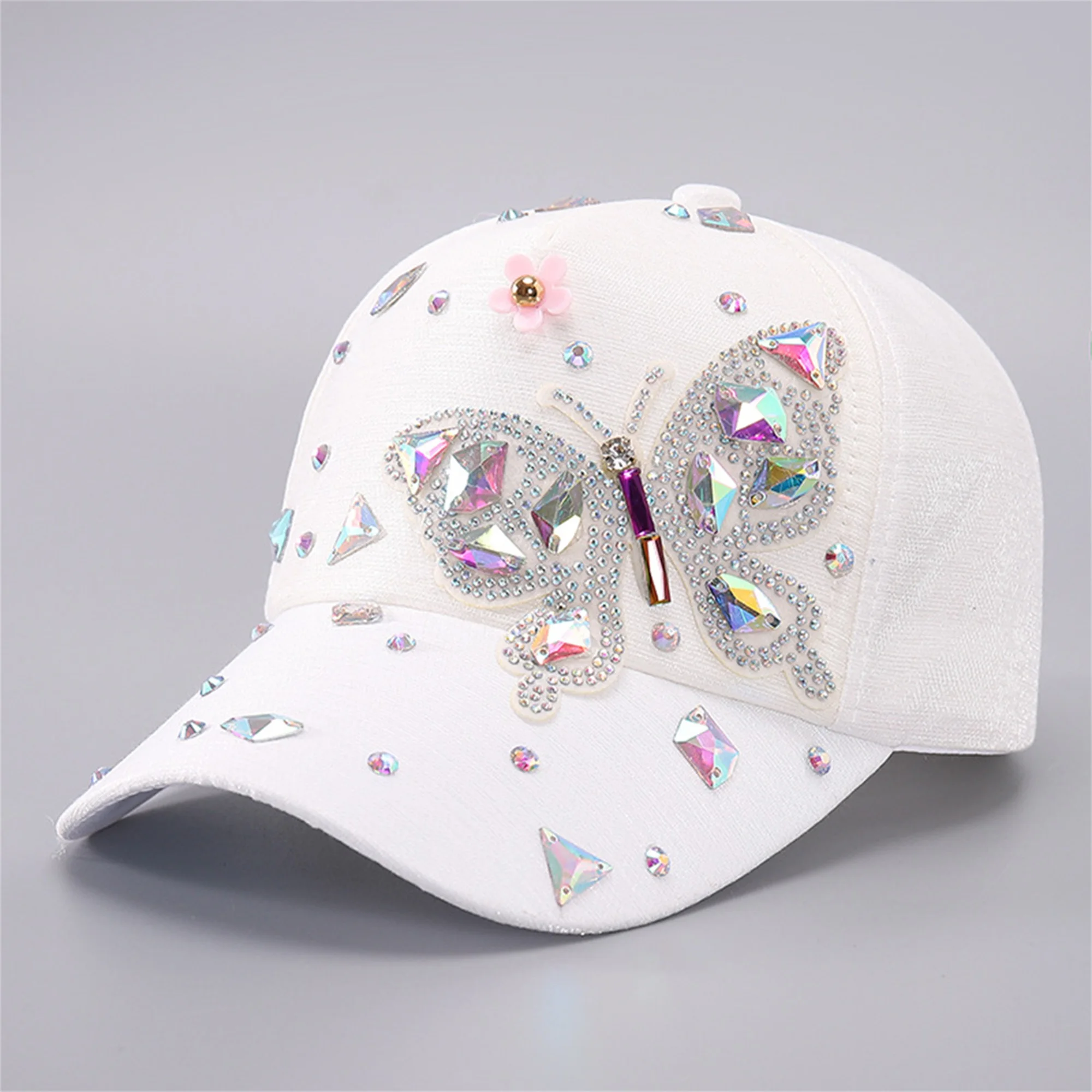 Fashionable Women s Baseball Cap with Sparkling Rhinestone Butterfly Embellishment Adjustable Strap and Wide Brim for Sun