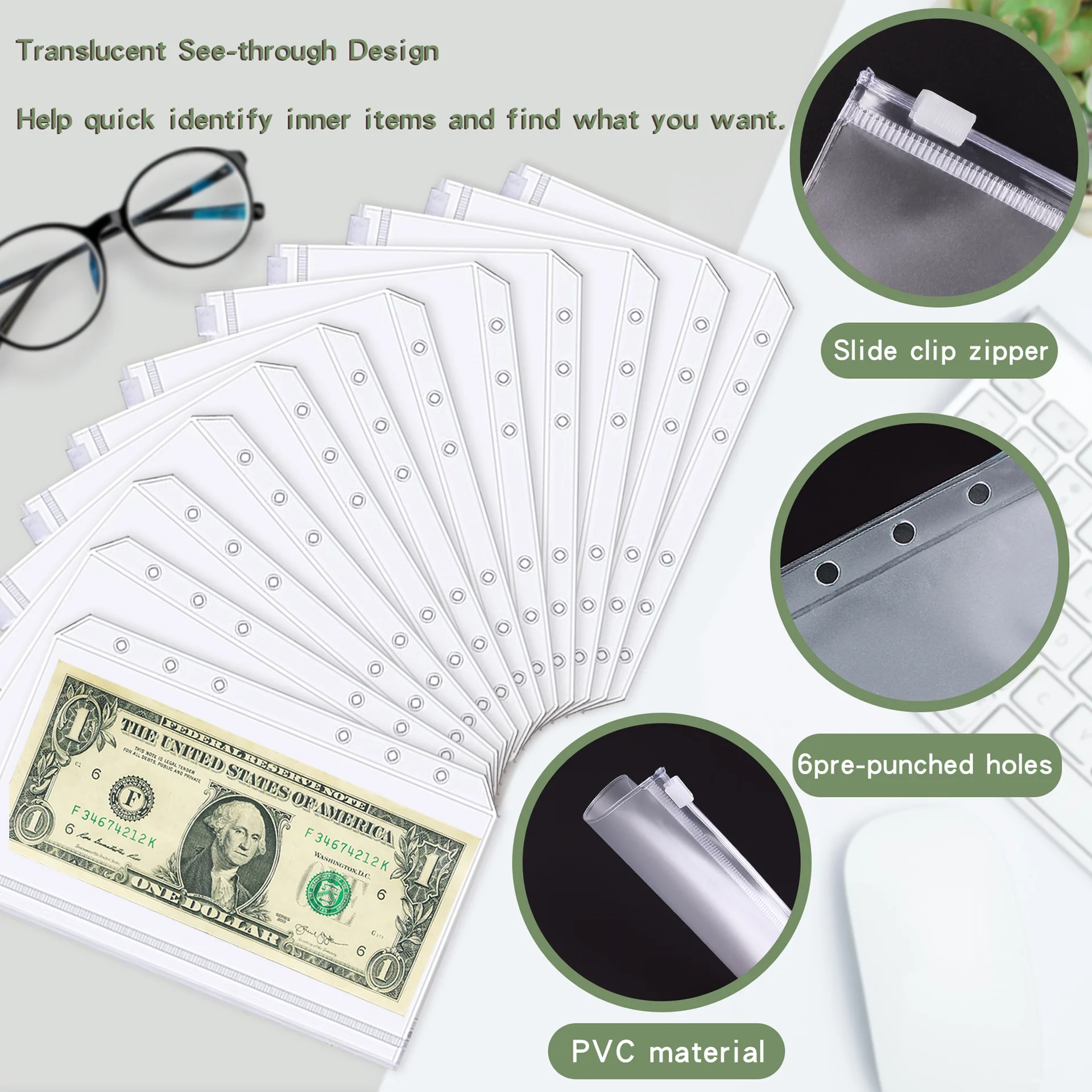 A6 Binder Budget Planner Notebook Covers Folder A6 Size 6 Hole Binder Pockets Plastic Binder Zipper Money Saving Envelope 4
