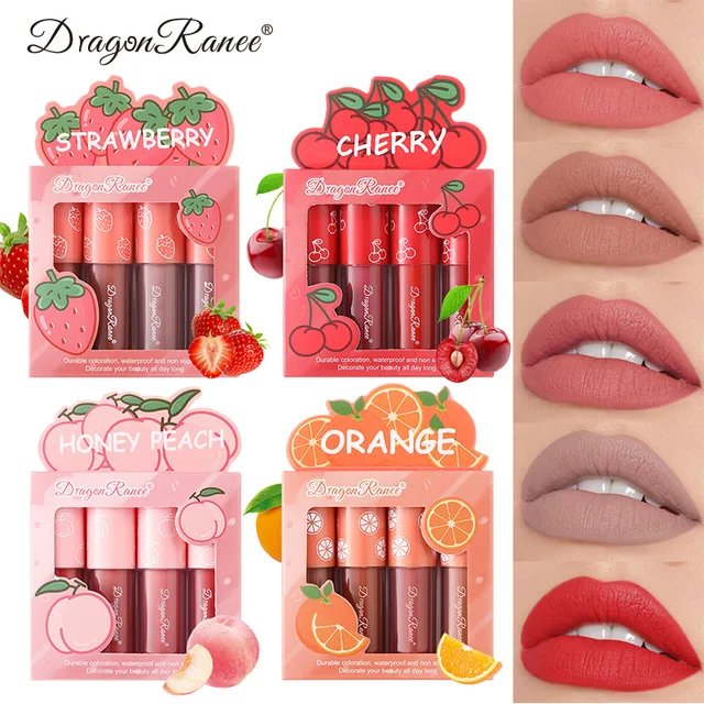 Mini Velvet Matte Lip Gloss Set, 4-Piece Non-Fading, Non-Stick Cup, Long-Lasting Fruit Scented Lip Tint, Smooth and Lightweight 1