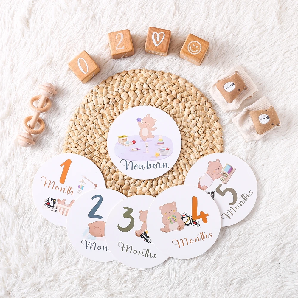 12pc Baby Laufleistung Stück Baby Foto Fotografie Zubehör Neugeborenen Geburtstag Geschenke Souvenir Niedlichen Bären Druck Wachstum Gedenken – Detail 13