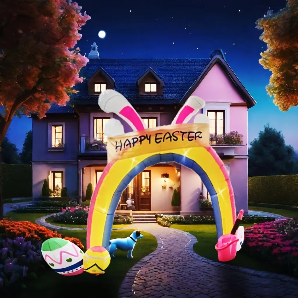 Easter Inflatables Decorations 13FT Easter Bunny Inflatable Rainbow Archway Colorful Eggs Blow Ups Yard Decoration