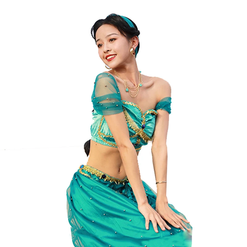 

Arabian Princess Costume for Girls Dress Up Birthday Halloween Party Jasmine Princess Fancy Outfit 3 Pieces Set Top Pant Veil