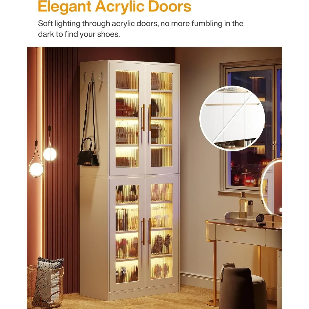 Tall Shoe Storage Cabinet with Acrylic Doors and LED Lights,  Entryway Shoe Organizer Rack with Adjustable Shel 6