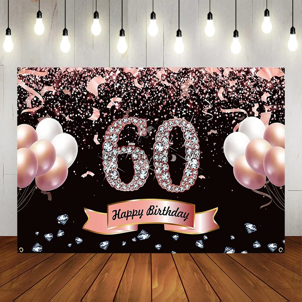 

Happy 60th Birthday Party Backdrop Decoration Pink Balloon Twinkling Photography Booth Background Sixty 60 Year Old Anniversary