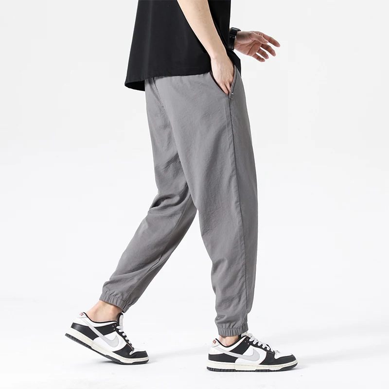 

2024 Spring Summer Men Casual Pant Black Gray Khaki Breathable Fabric Trousers Ankle Band Drawstring Trousers Man Clothings OOTD