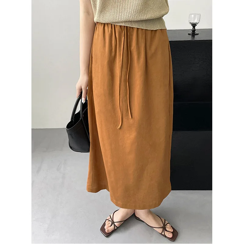 

Linen Maxi Skirt, Women's Elastic Waist, Drawstring, Slit, Slimming and Crotch Covering Long Skirt