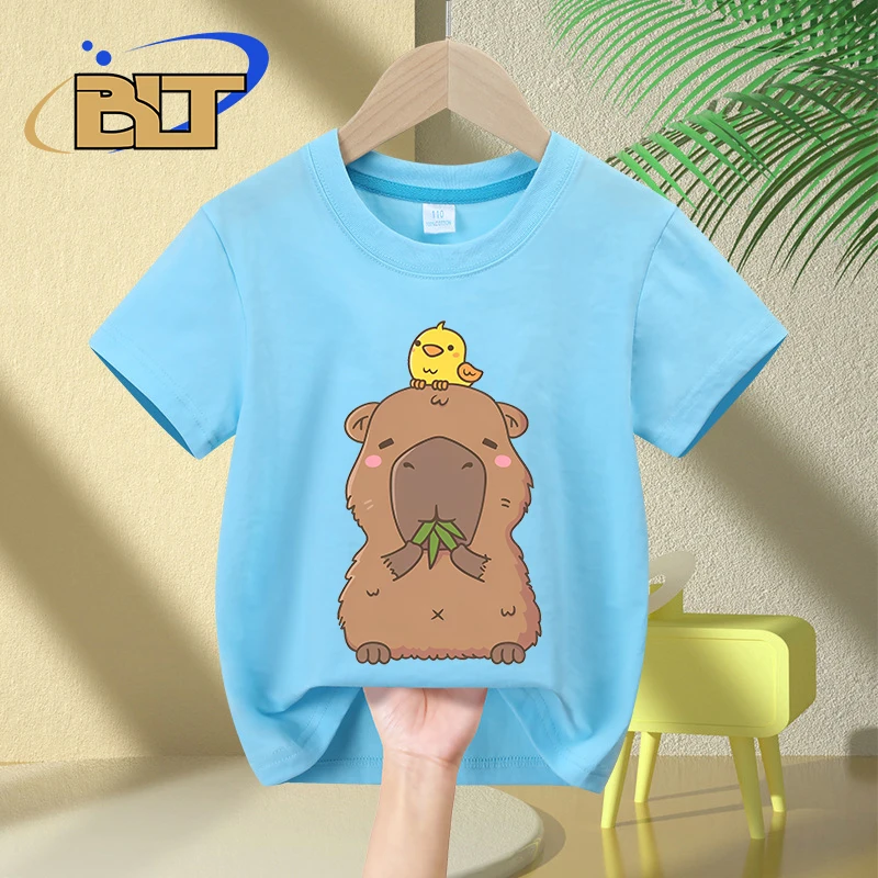 Cute Capybara & Yellow Bird Cartoon Print Kids' Summer T-Shirt