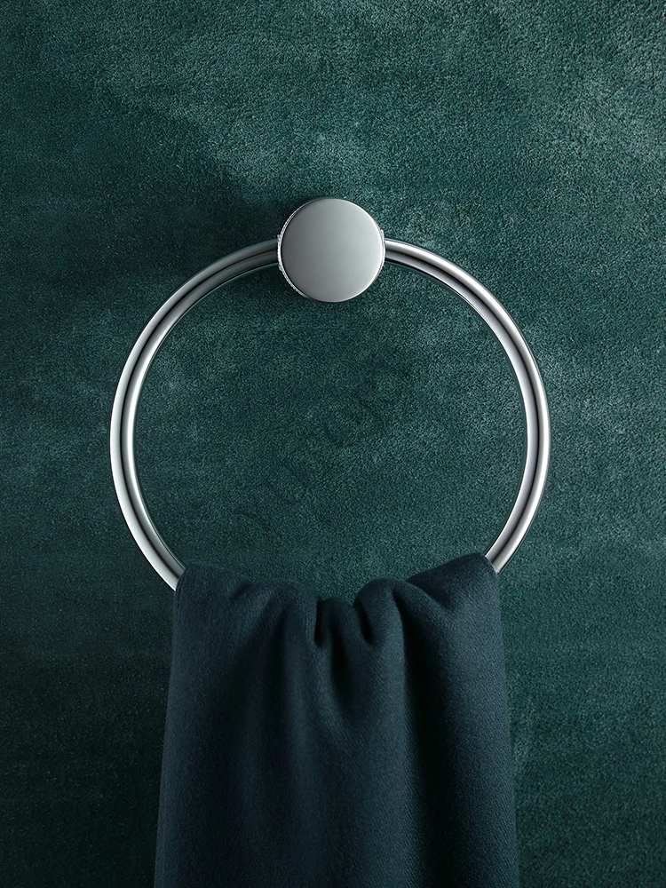 Silver bathroom all-copper towel ring non-punching ring round towel rack
