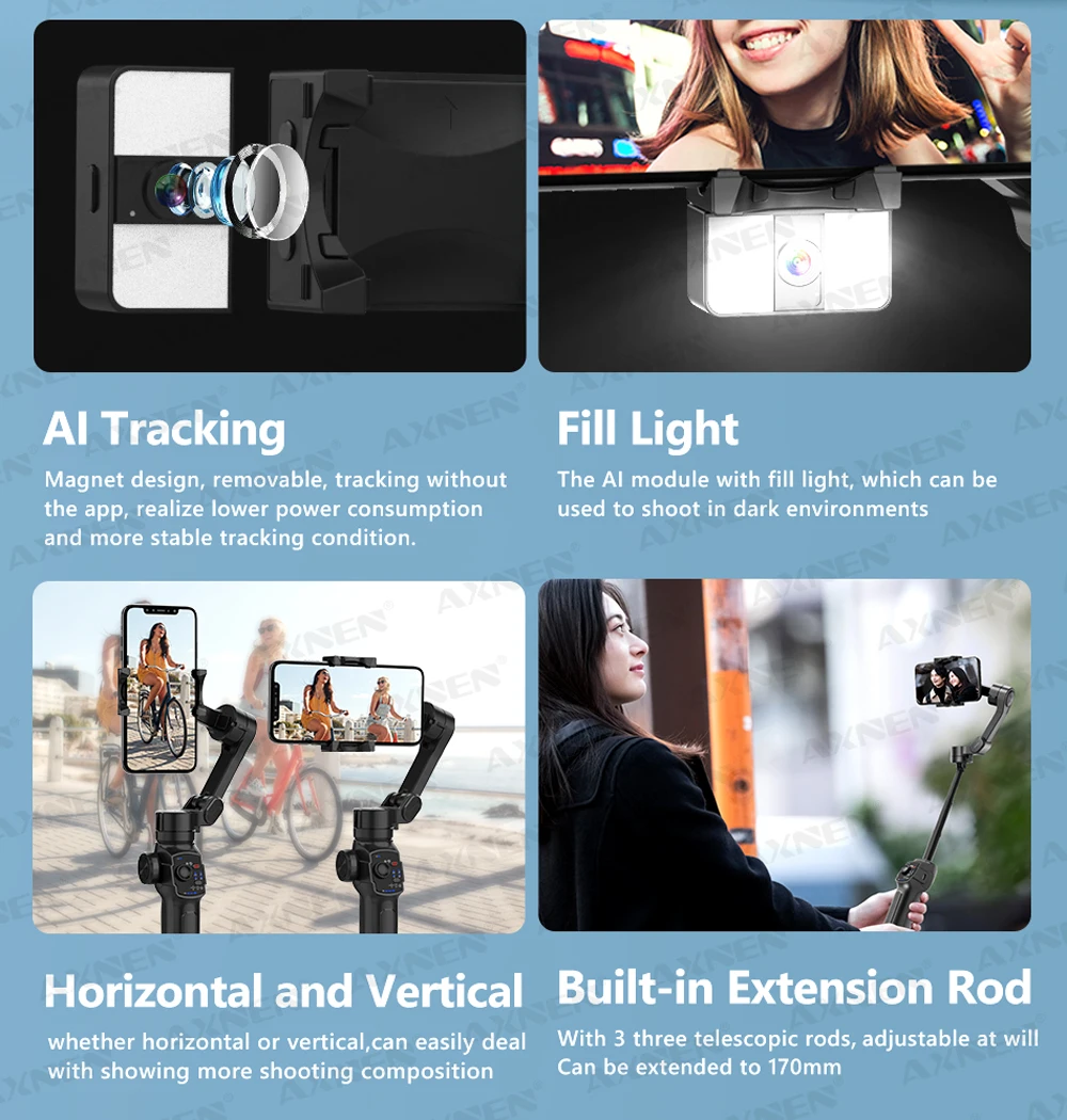 Description Picture 4 of itemAXNEN HQ4 Photography Follow Focus 3-Axis Handheld Gimbal Phone Stabilizer with AI Tracker Fill Light Extension Rod for Mobile