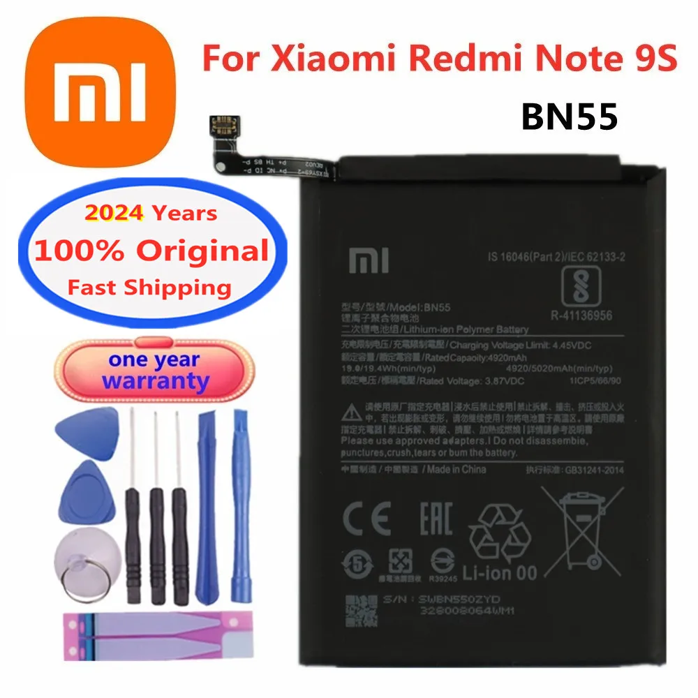 

2024 год BN55 Оригинальный аккумулятор для Xiaomi Redmi Note 9S 9 S Note9S 5020 мАч Высококачественная сменная батарея в наличии + Инструменты