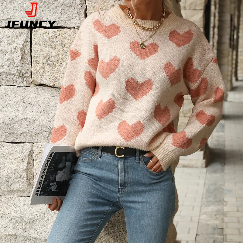

JFUNCY Autumn Women's Sweater Pink Loveheart Womens Knitted Pullovers Vintage Female Clothing Long Sleeve Knit Top Woman Jumper