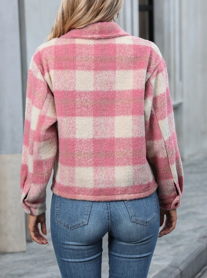 Women's Autumn and Winter Thick Jackets 2023 Fashion Street Commuting Lapel Buttons Short Plaid Mohair Button Woolen Jacket