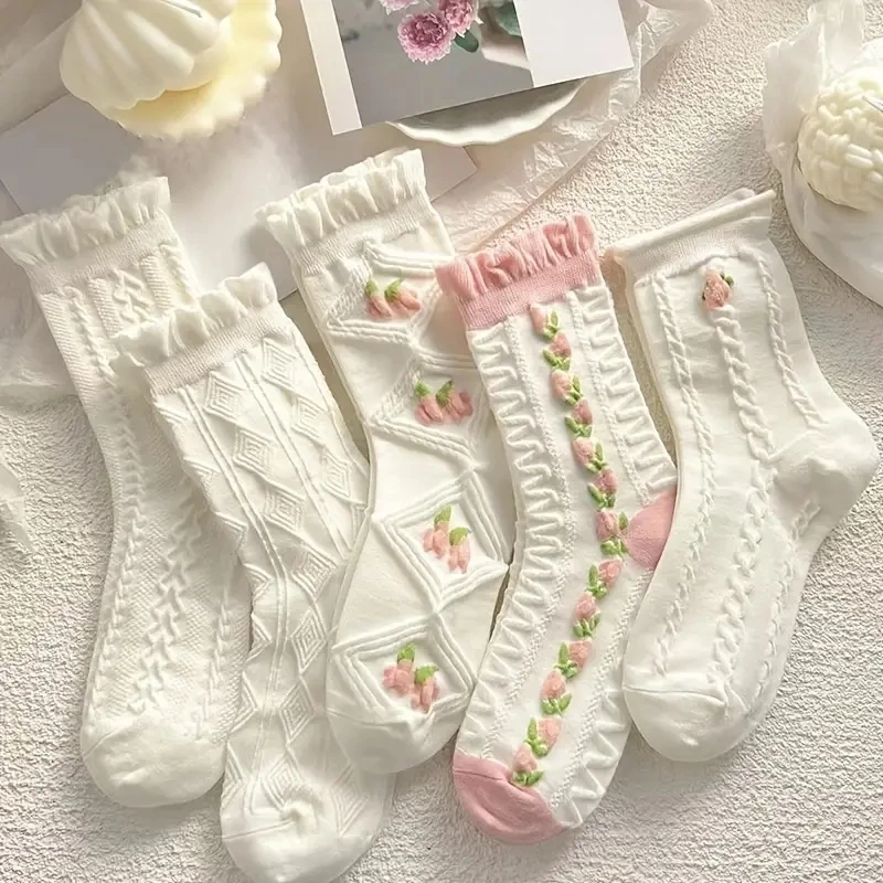 5 Pairs Women's Cute Lace Ruffled Socks - Soft & Fashionable Harajuku Style