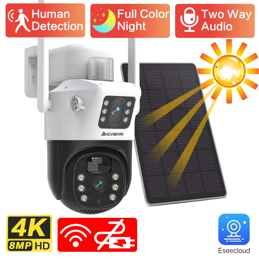 4K 8Mp Dual Lens Ptz Solar Camera Dual Screen Pir Human Tracking Outdoor Color Night Wifi Security Cctv Telecamera Ip Di Sorveglianza