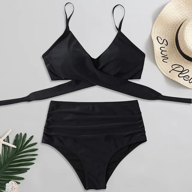 Bikini acolchado de cintura alta para mujer, traje de baño negro con realce, ropa de playa, 2024 - Imagen 4