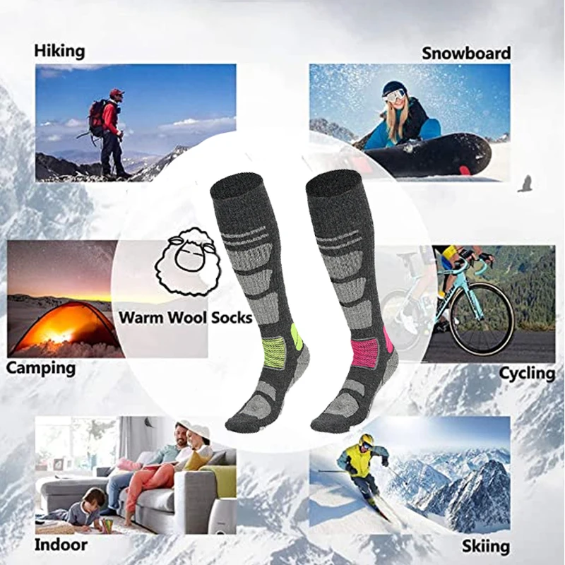 Calcetines de esquí de lana para hombre y mujer, medias cálidas para  esquiar, snowboard, antideslizantes, hasta la rodilla, calcetín de esquí