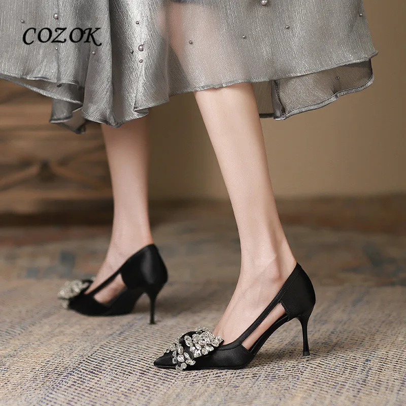 

Черные сандалии на каблуке с кристаллами 2023 Модная элегантная обувь для женщин