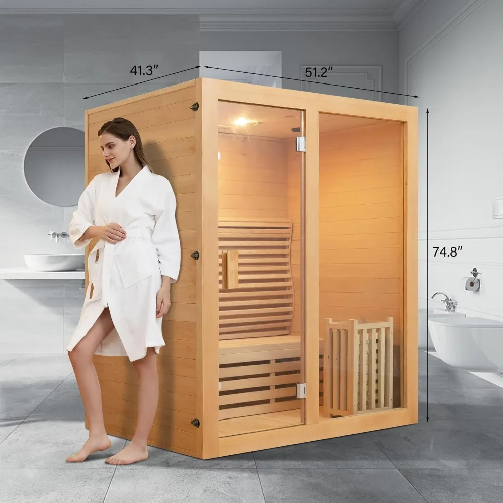 Wooden Steam Sauna Room, 2 Person Canadian Hemlock Luxurious Indoor Sauna with 3 KW Harvia Stove Heater, Bluetooth Speaker 3