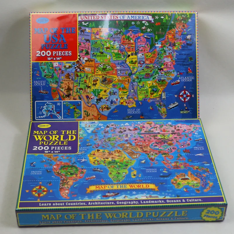 

Children's Adults World Map and American Map 200 Pieces Paper Jigsaw Puzzle Kids Early Education Puzzle Game Toys Gifts