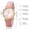 6pcs/Set Women's Flower Quartz Skin Leather Watch Strap Jewelry Set 6