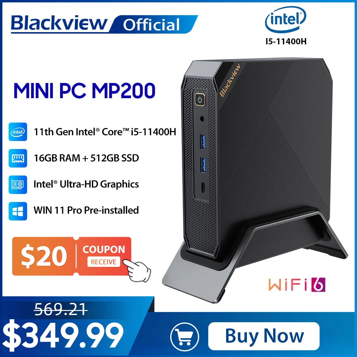 Mini PC Blackview MP200 Intel® Core? i5-11400H, Windows 11 Pro,16 Go  DDR4-512 GO M.2 SSD Mini Ordinateur de bureau,Wi-Fi 6 - Noir