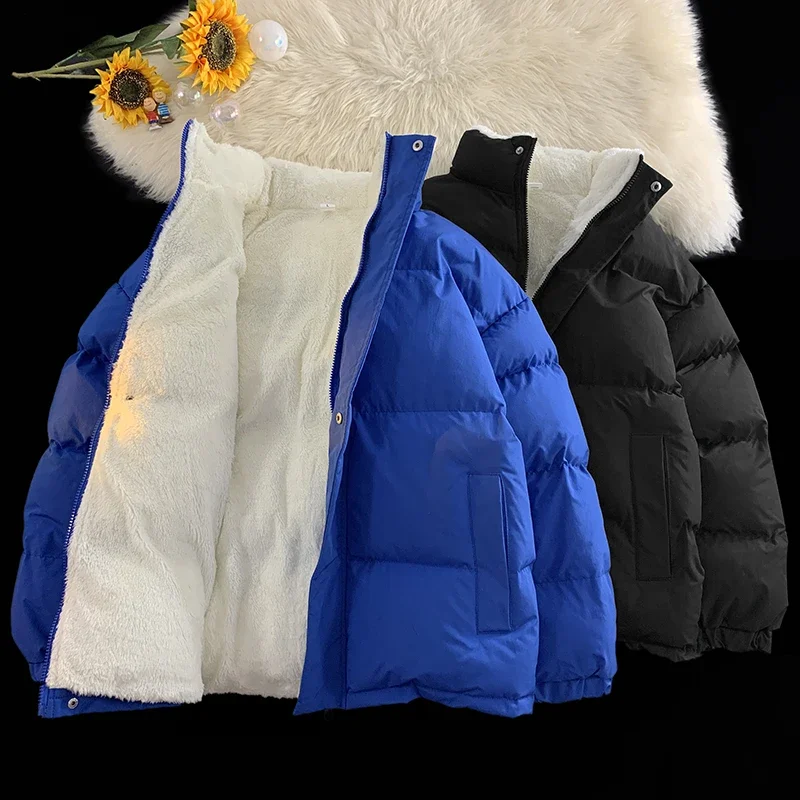 Winter Fleece Coat Warm Parkas Men\'s Women Loose Korean Trendy Solid Color Oversize Coat Thicken Zipper Parka Women Plush Jacket