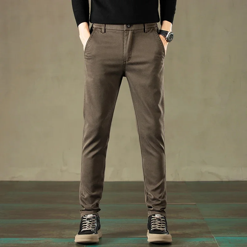 2024 Spring New Men's Casual Pants Brand Clothing Business Elastic Waist Thick Classic Slim Trousers Male Black Grey Brow 4