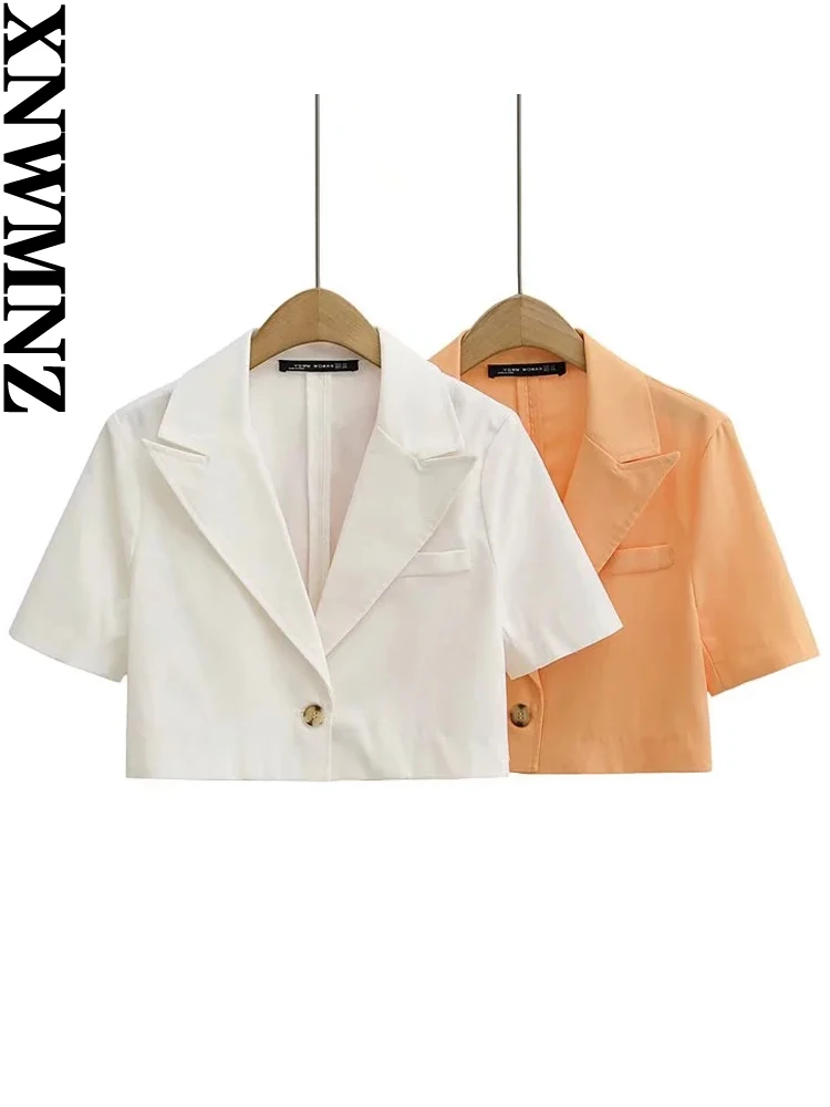 XNWMNZ 2022 women fashion linen short suit jacket woman retro short sleeve single button pocket dress female chic blazer