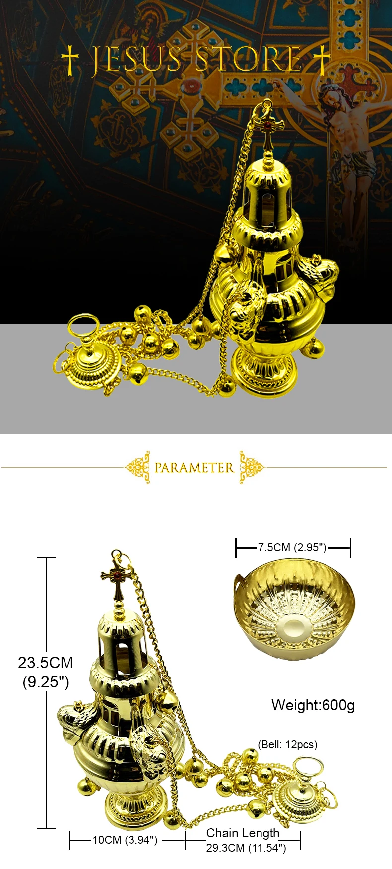 Orthodoxes Räuchergefäß, Gold, Silber, Weihrauchbrenner, Wandbehang, Jesus, christliches Dekor, Kirche, religiöses Zubehör, Jepри Fonda б Projek – Detail 2