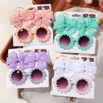 3 Pz/set Cheer Bow Fermagli Per Capelli Retro Fiore Occhiali Da Sole per I Bambini Stampa Fatti A Mano Hairgrips Ragazze Copricapi Occhiali Accessori 1