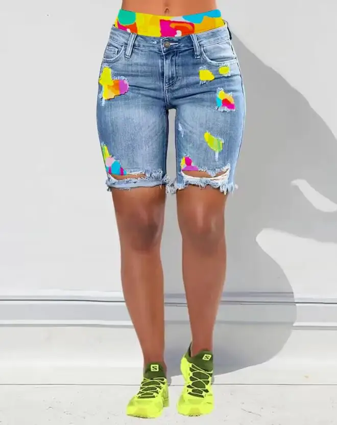 Young Girls 2024 Street Fashion Tie Dye Printed Split Pocket Design Casual High Waist Tight Denim Shorts Y2K