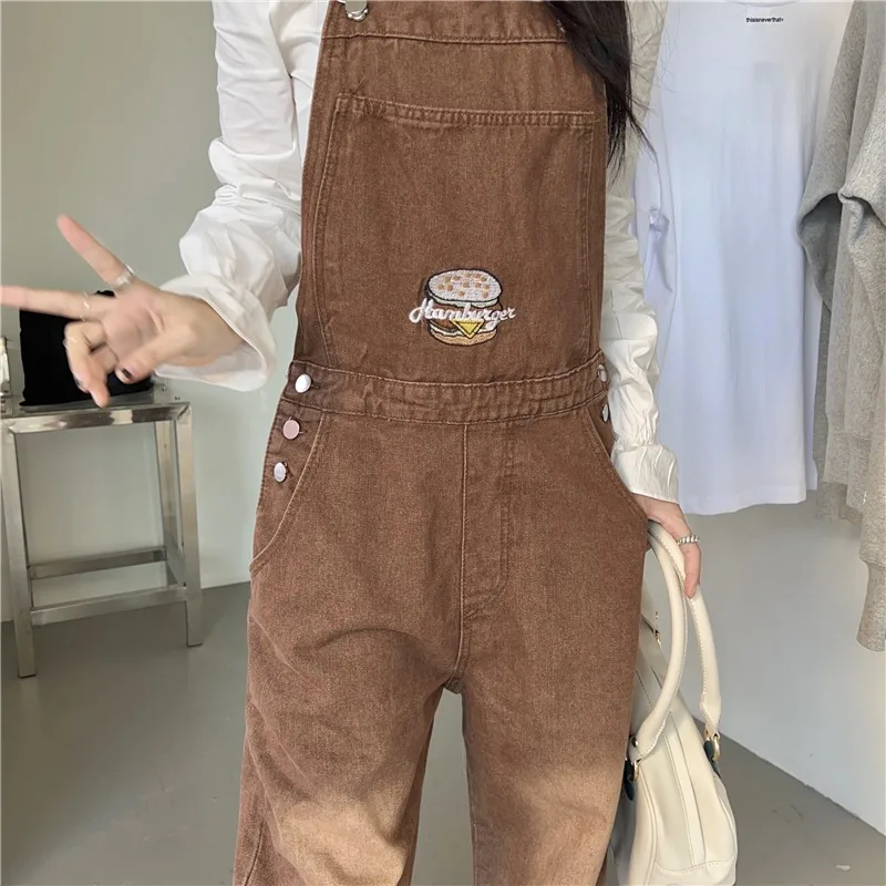 Spring New Jumpsuits Women Embroidered High Waist Straight Leg Full Length Denim Strap Pants Korean Style Casual Overalls Female