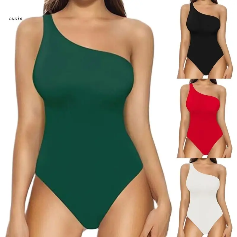 

Women One Shoulder Thong Bodysuit Summer Basic Sleeveless Bodycon Jumpsuits