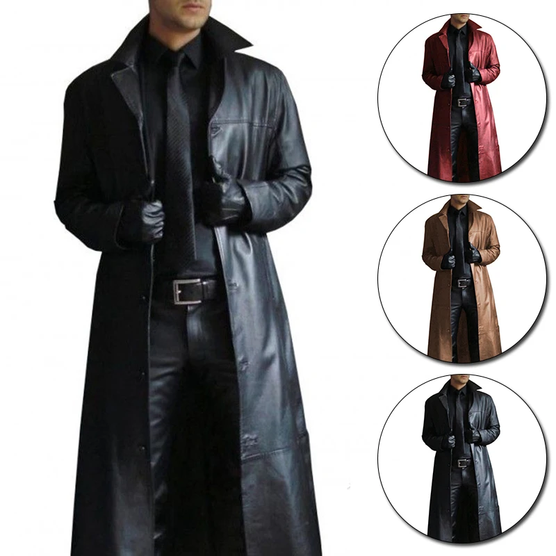 Men Solid Turn-down Collar Button Long Leather Coat Faux Leather Jacket S-5XL 