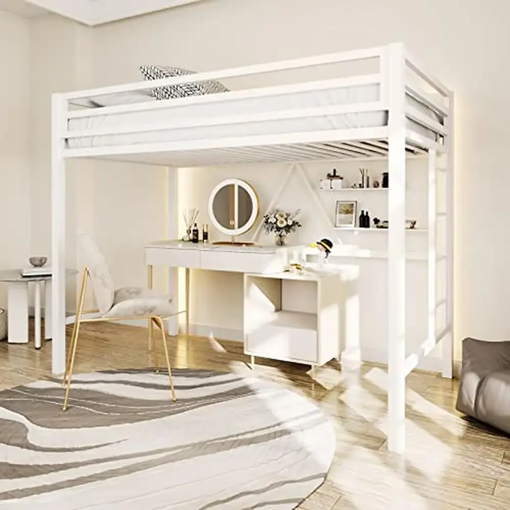 Twin Size Loft Bed Metal Frame with Safety Guard Removable Ladder Space-Saving Design Stain Resistant Modern Style Easy Assembly