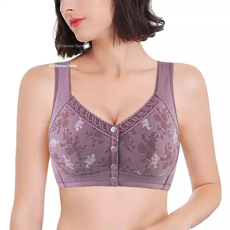 Confortable Bra Cotton Women Wire Free Bras Floral Front Closure