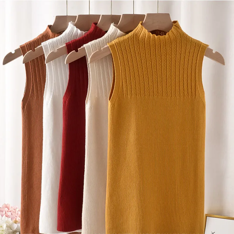 

New 2024 High Quality Spring Summer Women Mock Neck Top Turtleneck Sleeveless T-shirt Slim Knitted Vest Female Tee Knitwear