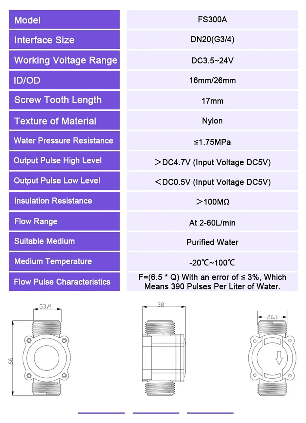 Water Flow Sensor High Precision Liquid Flow Rate Sensors NPN Pulse Signal to 48