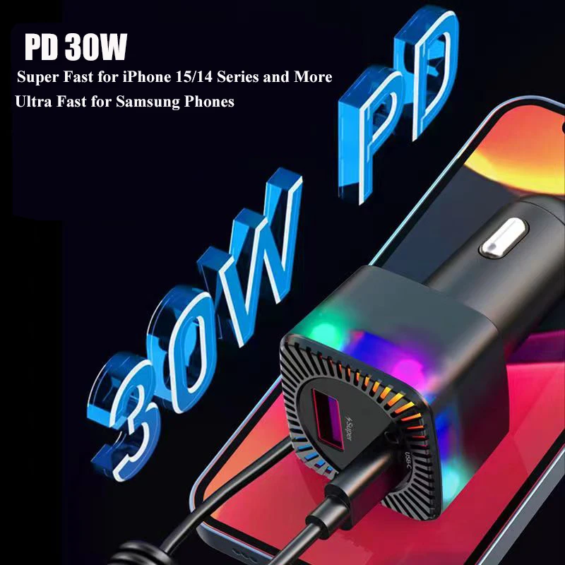 용수철 케이블이 달린 USB C 차량용 충전기 어댑터, 다채로운 빛 PD 30W, 3 in 1, 맥북 삼성 아이폰용 초고속 충전, 280W