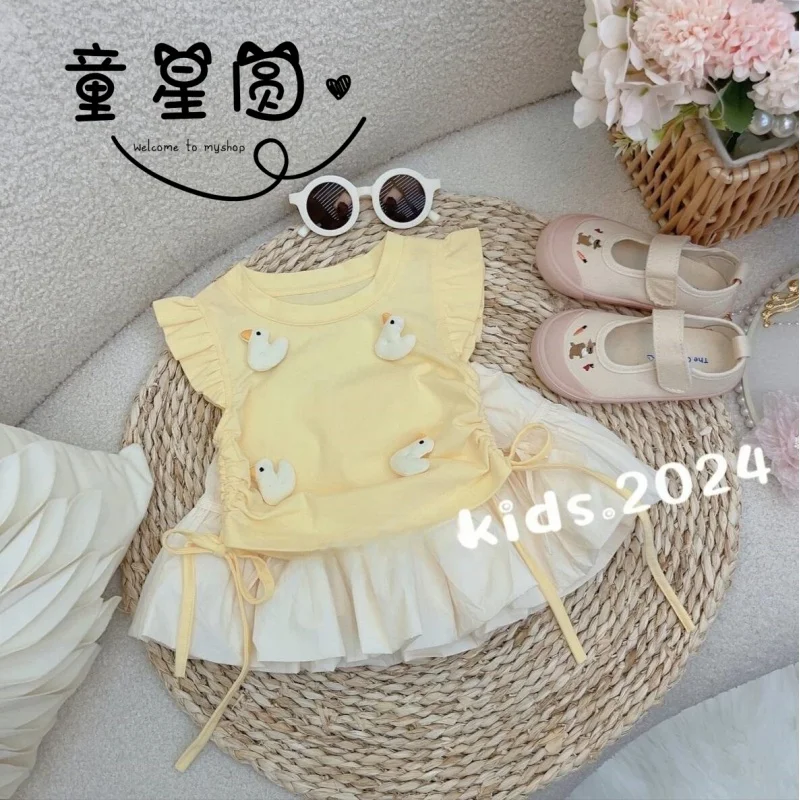 

Tong Xingyuan Summer New Cute Childlike Three-Dimensional Cartoon Flying Sleeve Hot GirlTSet Yellow Small Flower Duck Cute