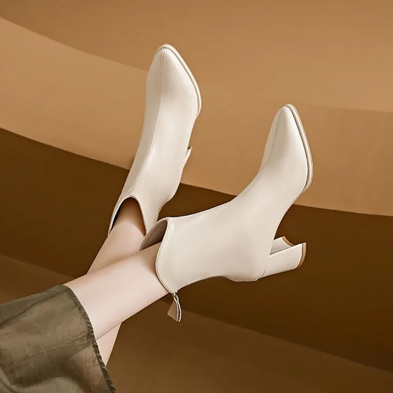 2023 Fashion Beige High Heel Short Boots Women Autumn and Winter Pointed Toe Women's Boots Women High Heels Women Boots Mid-Calf
