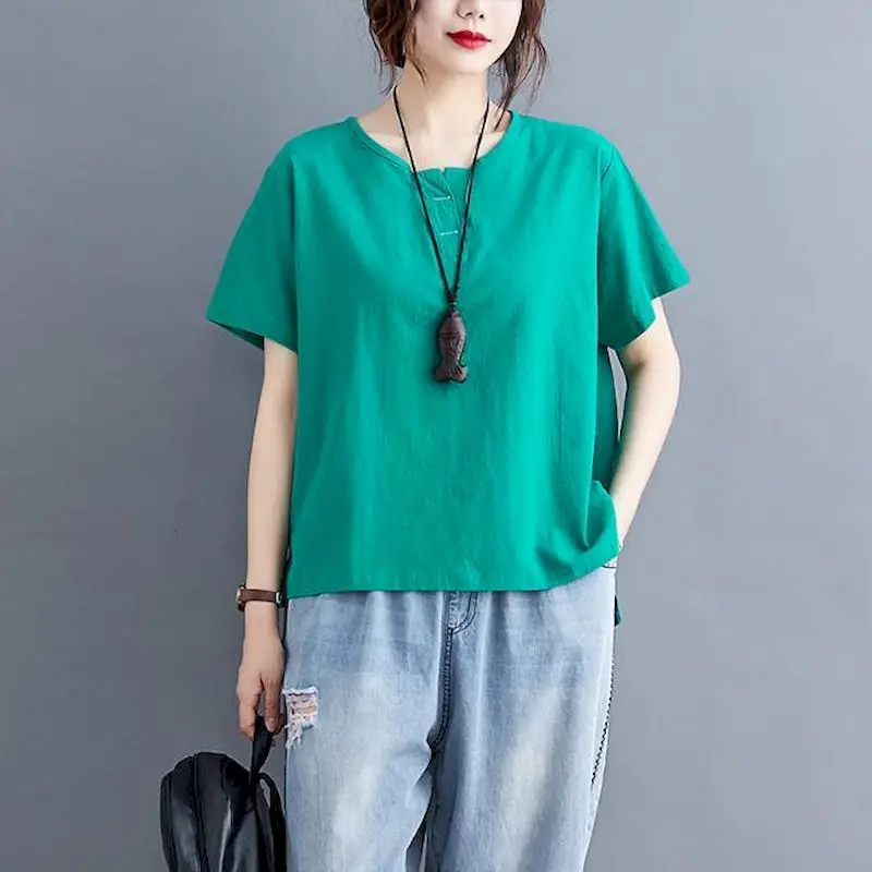 

Cotton Linen T Shirts Women Fashion Design Solid Color T-shirt Casual Loose Short Sleeve Oversized Tops Summer Trend Thin Tshirt