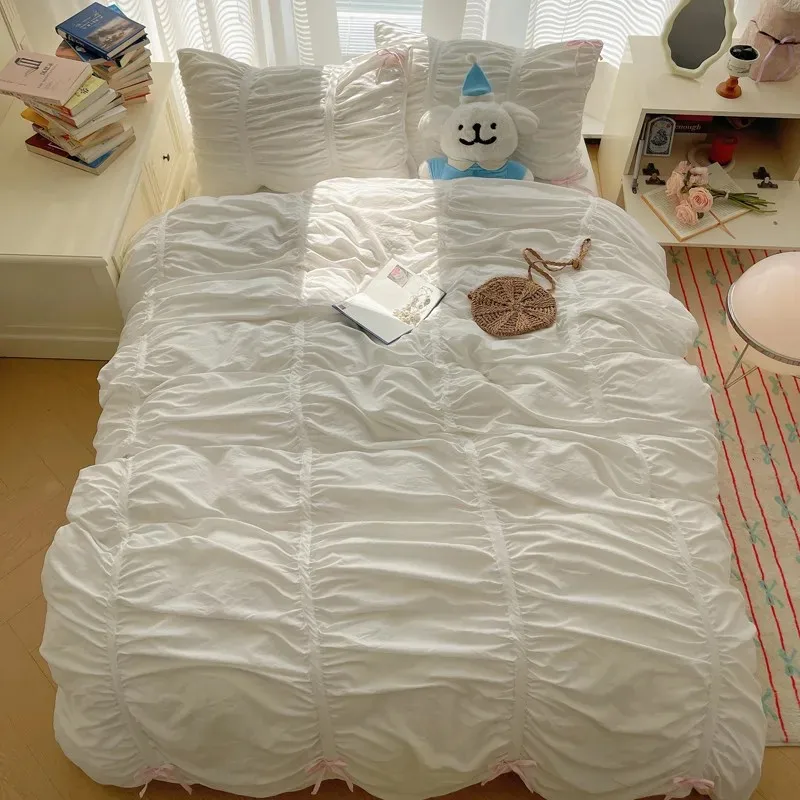 Solid Color Pleated Textured Soft Breathable Chic Princess 4pcs Bedding Set, Delicate Bows Twin Duvet cover Bed sheet Pillowcase Solid Color Pleated Textured Soft Breathable Chic Princess 4pcs Bedding Set, Delicate Bows Twin Duvet cover Bed sheet Pillowcase