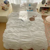 Solid Color Pleated Textured Soft Breathable Chic Princess 4pcs Bedding Set, Delicate Bows Twin Duvet cover Bed sheet Pillowcase
