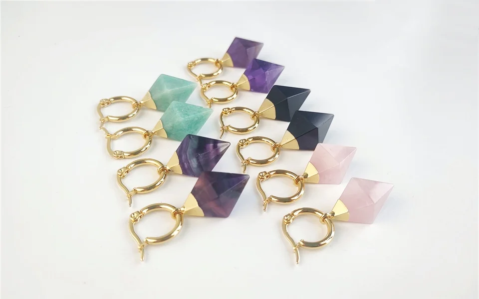1Pair Natural Rose Quartzs Hoop Earrings, Golden Plating Semi-precious Stone Jewelry For Women Party Gift ER106G