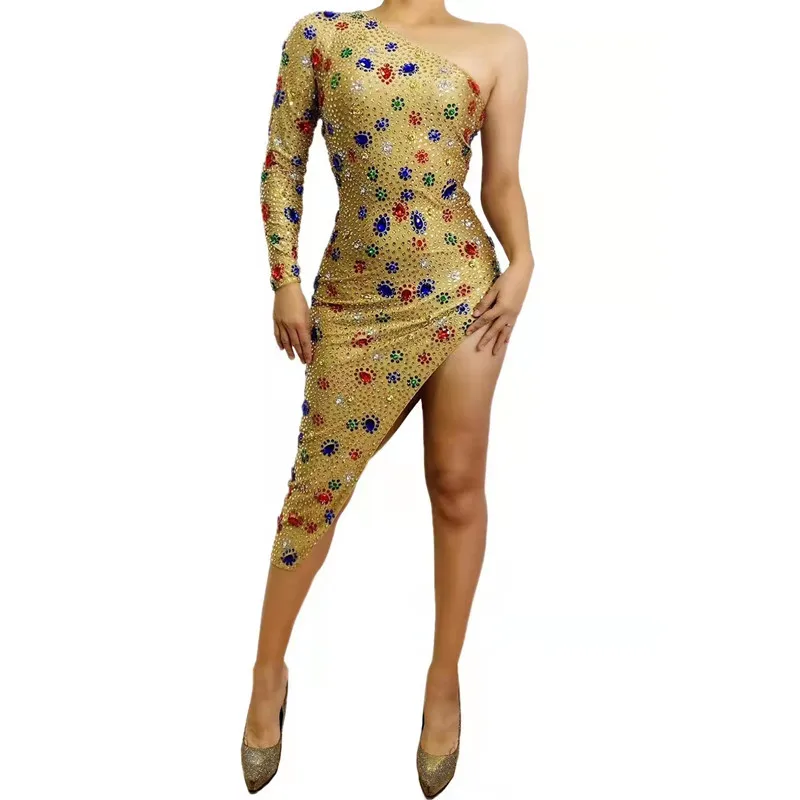 

Multi-color Gold Rhinestones One Shoulder Irregular Tight Dress Latin Dance Costume Singer Bar Evening Party Sexy Stage Wear
