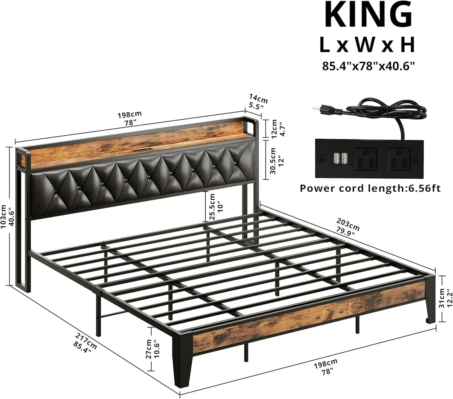 King Bed Frame, Storage Headboard with Outlets, Easy to Install, Sturdy and Stable, No Box Springs Needed, Rustic Brown